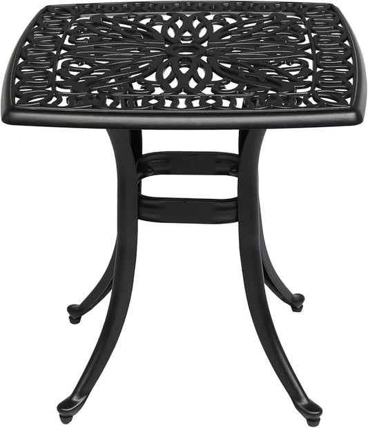 VINGLI 21" Cast Aluminum Outdoor Side Table with Umbrella Hole, All Weather Patio Side Table Bistro Table for Balcony, Yard and Porch (Black)