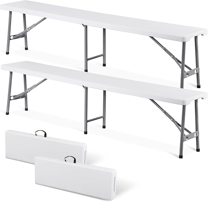 ZENY 6ft Plastic Folding Bench 2 Pack, Portable Outdoor Bench for Picnic Camping Dining Party Garden, Soccer Multipurpose Entertaining Activities, White