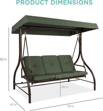 Best Choice Products 3-Seat Outdoor Large Converting Canopy Swing Glider, Patio Hammock Lounge Chair for Porch, Backyard w/Flatbed, Adjustable Shade, Removable Cushions - Midnight Green