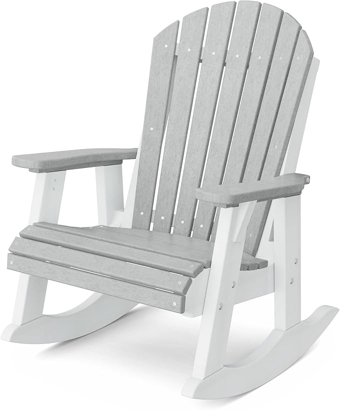 Wildridge Heritage Adirondack Rocking Chair, Light Gray and White - Outdoor Weather Resistant HDPE Rocking Chair for Patio, Deck, Fire Pit