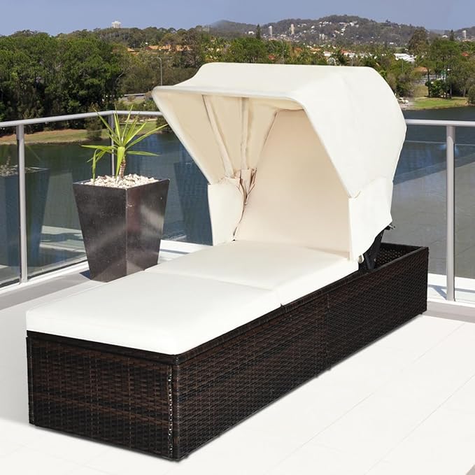 COSTWAY Patio Rattan Lounge Chair Chaise Cushioned Top Canopy Adjustable W/Tea Table - Photo 4
