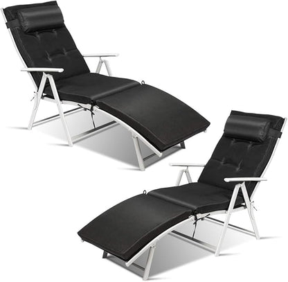 Tangkula 2 PCS Outdoor Folding Chaise Lounge Chair, Lightweight Recliner Chair w/ 7 Adjustable Backrest Positions, Patio Reclining Beach w/Removable Cushion & Pillow for Patio Poolside (Black)