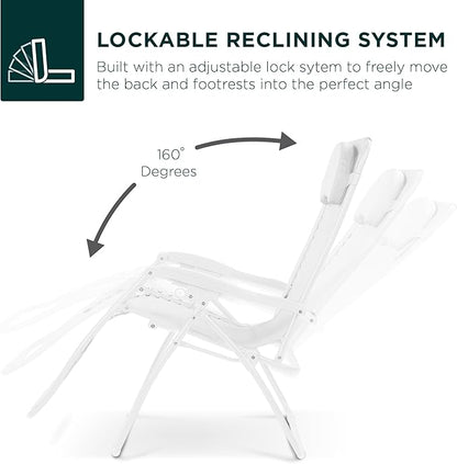 Best Choice Products Oversized Zero Gravity Chair, Folding Outdoor Patio Lounge Recliner w/Cup Holder Accessory Tray, Pillow - Snow