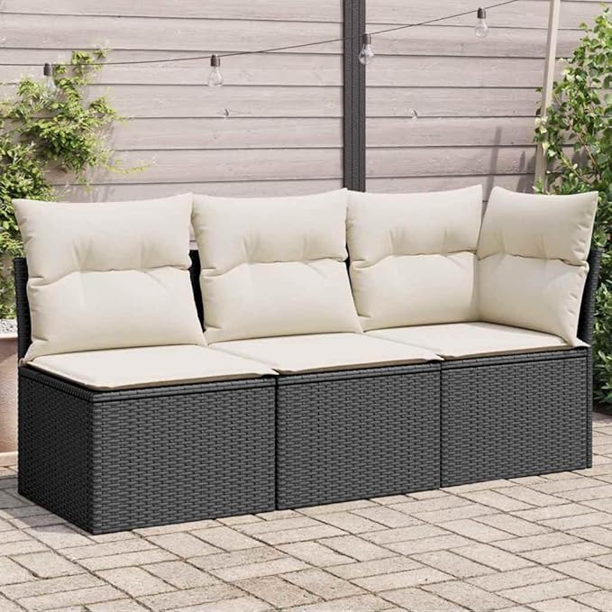 3-Seater Garden Sofa in Black and Cream White, Modern Outdoor Furniture with Modular Design, Weather-Resistant Poly Rattan and Comfortable Cushions for Patio, Balcony,