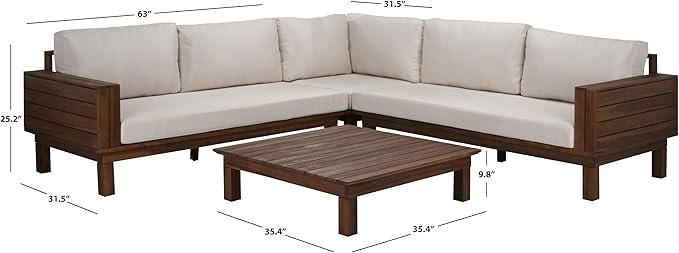 SAFAVIEH Outdoor Patio Furniture Collection - Napoli Teak Brown & Cream Solid Wood 4-Piece Sectional Sofa Set with Coffee Table, Durable Cushions, Modern Outdoor Seating (PAT6806A)