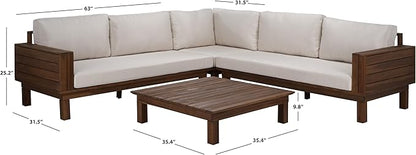 SAFAVIEH Outdoor Patio Furniture Collection - Napoli Teak Brown & Cream Solid Wood 4-Piece Sectional Sofa Set with Coffee Table, Durable Cushions, Modern Outdoor Seating (PAT6806A)