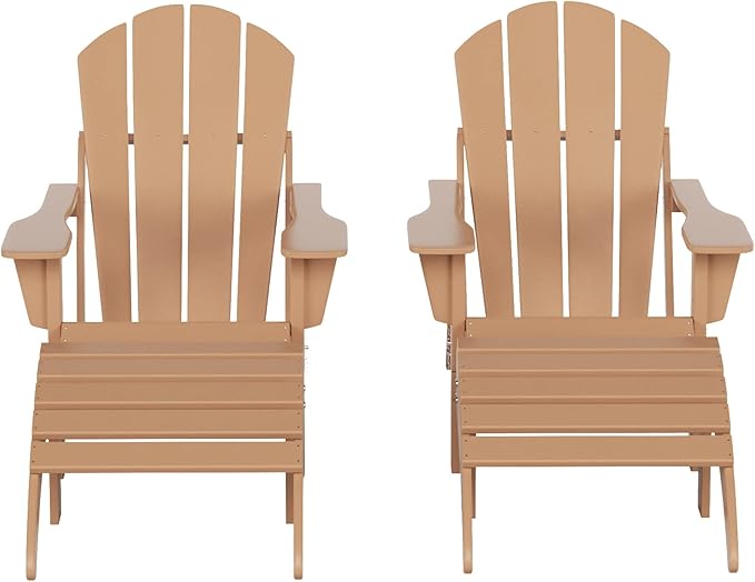 WestinTrends Malibu Outdoor Lounge Chair Set, 4-Pieces Adirondack Chair Set of 2 with Ottoman, All Weather Poly Lumber Patio Lawn Folding Chair for Outside Pool Beach, Teak