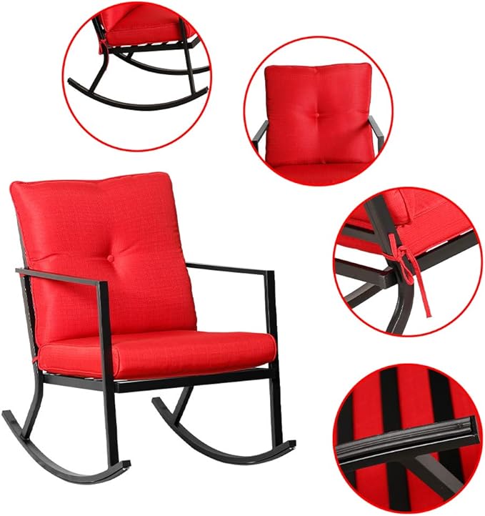 BALI OUTDOORS Patio Rocker Chair Rocking Chairs 2 Piece Modern Outdoor Furniture Red Thick Cushions, Black Steel Frame