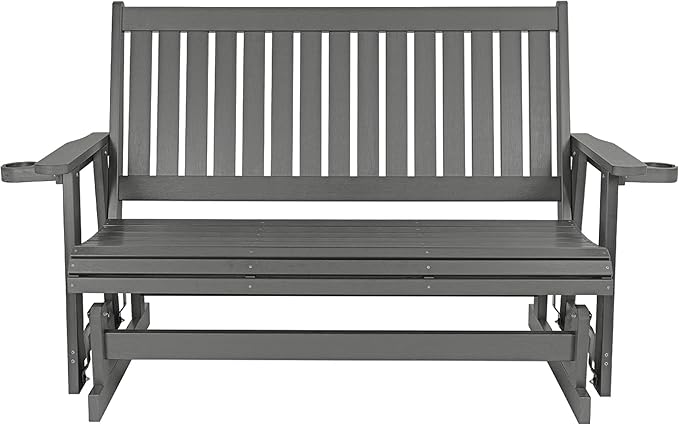 HIPS Patio Glider with Cup Holders, Durable Poly Lumber Material, All-Weather Resistant, High Backrest and Deep Contoured Seat, Heavy Duty 900 LB, for Outdoor, Porch, Patio (Gray, 3-Seat)