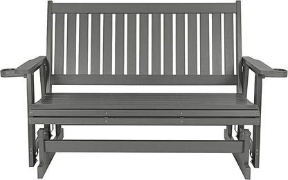 HIPS Patio Glider with Cup Holders, Durable Poly Lumber Material, All-Weather Resistant, High Backrest and Deep Contoured Seat, Heavy Duty 900 LB, for Outdoor, Porch, Patio (Gray, 3-Seat)