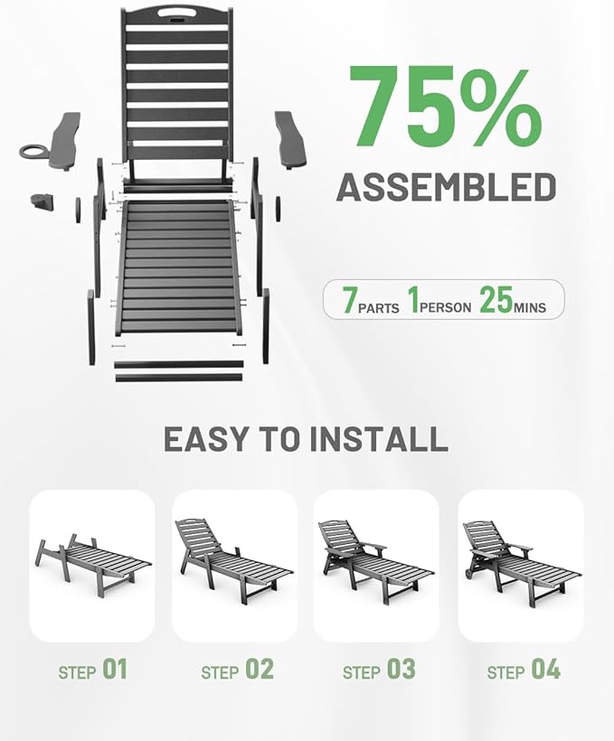 Lounge Chair Outdoor, Chaise Lounge Outdoor, HDPE 6-Position Lounge Chair for Outside - Photo 8