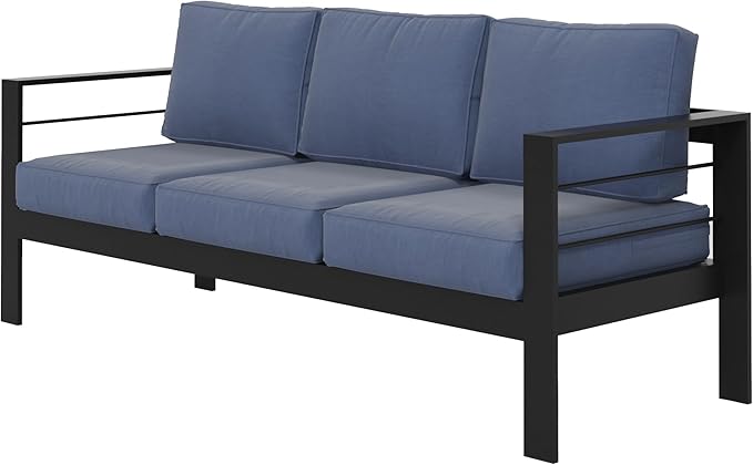Wisteria Lane Patio Furniture Aluminum Sofa, All-Weather Outdoor 3 Seats Couch, Black Metal Chair with Blue Cushions - Photo 7