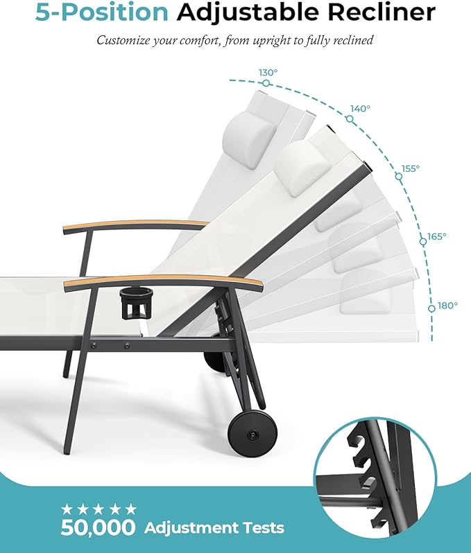 Ciokea Outdoor Lounge Chair with Pillow Set of 2, 5-Position Aluminum Chaise Lounge with Wheels & Armrests - Photo 5