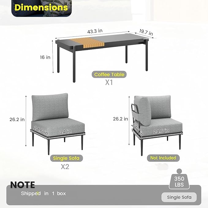 Sundale Outdoor 3 Pieces Patio Furniture Set, Metal Outdoor Sectional Sofa with Coffee Table - Photo 2