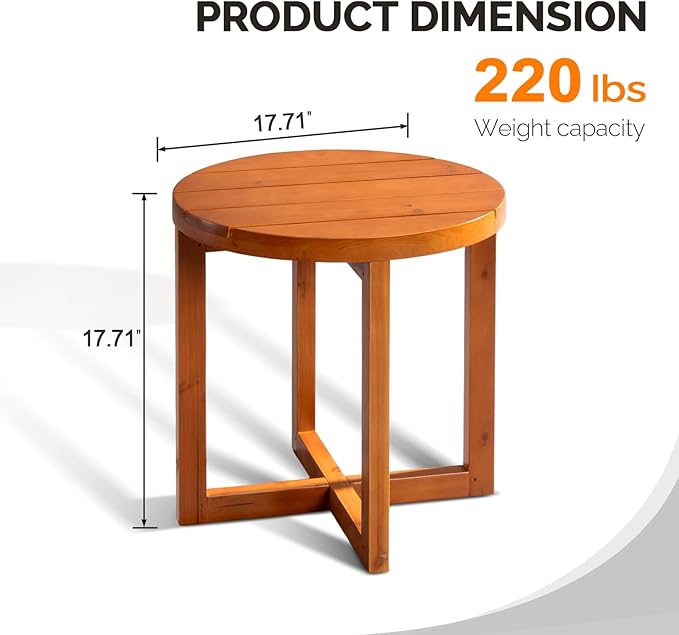 VINGLI Solid Wood Outdoor Side Table, Weather-Resistant Round Patio End Accent Table for Garden, Balcony, Porch, Natural