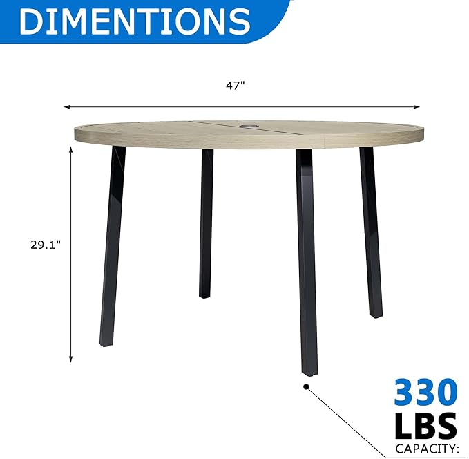 All-Weather 47" Round Outdoor Patio Table for 6, Metal Ivory Dining Table with Adjustable Umbrella Hole, Garden - Photo 2