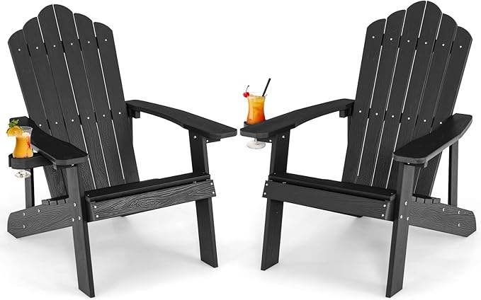 Giantex Outdoor Adirondack Chair - Oversized Patio Chairs w/Hidden Cup Holder, Realistic Wood Grain, 380 LBS Weight Capacity, Weather Resistant Firepit Chairs for Backyard, Garden (2, Black)