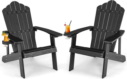 Giantex Outdoor Adirondack Chair - Oversized Patio Chairs w/Hidden Cup Holder, Realistic Wood Grain, 380 LBS Weight Capacity, Weather Resistant Firepit Chairs for Backyard, Garden (2, Black)