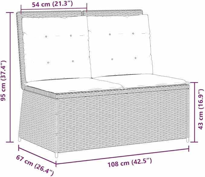 Adjustable Reclining Garden Bench 42.5" Brown PE Rattan Loveseat, Powder-Coated Steel Frame, Removable Cushion, Modern Outdoor Patio Furniture for Balcony Porch Backyard