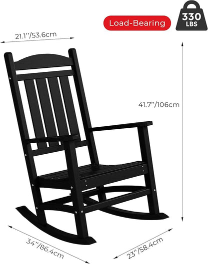 Costaelm Oversized Outdoor Rocking Chair, High Back Porch Rocker Chair, HDPE All Weather Resistant Outdoor Seating Furniture Wide Rocker Chair for Patio, Lawn, Garden, Black