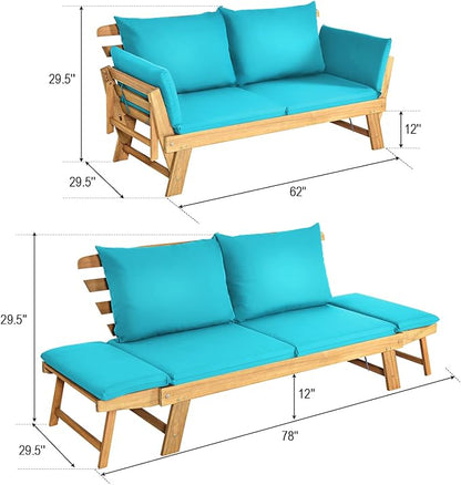 DORTALA Patio Convertible Couch Sofa Bed, Acacia Wood Daybed w/Adjustable Armrest, Collapsible Chaise Lounge w/Cushions & Pillows, Outdoor Loveseat for Poolside, Courtyard (Turquoise)