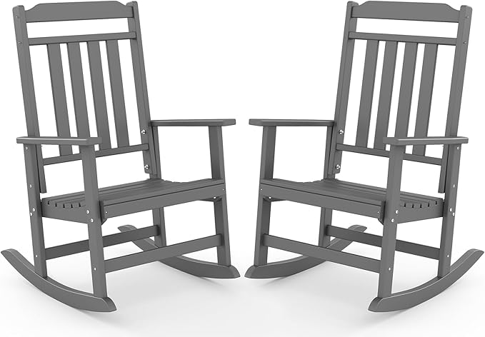 GREENVINES Outdoor-Rocking-Chairs-Set-of-2 | HDPE Plastic | Patio Rockers | Porch Rocker Chair | Oversized | High Back | Big & Tall | Grey