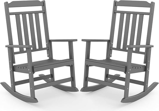 GREENVINES Outdoor-Rocking-Chairs-Set-of-2 | HDPE Plastic | Patio Rockers | Porch Rocker Chair | Oversized | High Back | Big & Tall | Grey