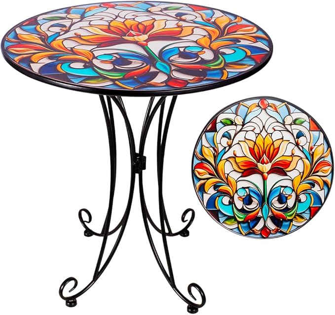 Outdoor Side Table, Mosaic Round Accent Table, Metal Indoor Small End Tables, 18" Plant Stand Tables for Patio Balcony Garden Bedside