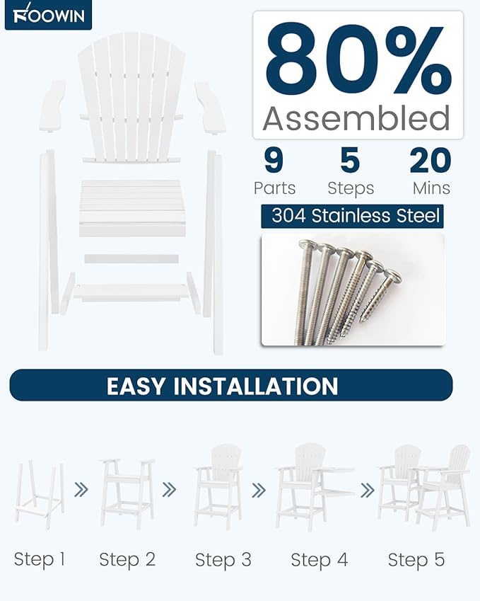 FOOWIN Tall Adirondack Chair Set of 2, All Weather HDPE Bar Height Adirondack Chair with Double Connecting Trays, Adirondack Barstools for Balcony, Deck, Backyard, Patio, Garden White
