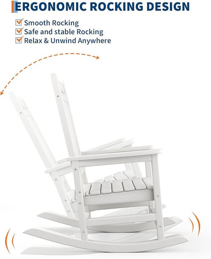 GarveeLife Poly Lumber Rocking Chair Outdoor Set of 4 with 2 Side Table - HDPE High Back Porch Rocker Chairs for Adults - All Weather Resistant Furniture for Patio - White