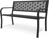 50" Outdoor Bench Metal with Floral Back, Garden Bench Front Porch Bench for Yard Patio Entryway Park Outside - Photo 1