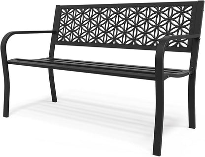 50" Outdoor Bench Metal with Floral Back, Garden Bench Front Porch Bench for Yard Patio Entryway Park Outside, 800lb Capacity - Black
