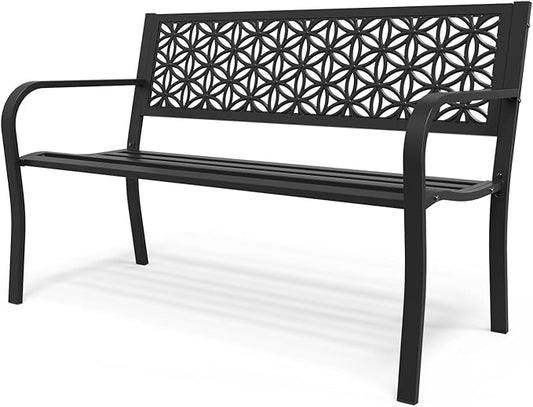 50" Outdoor Bench Metal with Floral Back, Garden Bench Front Porch Bench for Yard Patio Entryway Park Outside, 800lb Capacity - Black