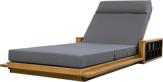 Merax Acacia Wood Patio Chaise Lounge Set of 4, Outdoor Reclining Chairs with 4-Position Adjustable Backrest, 4-Piece Sunbathing Recliner & 4" Thick Four-fold Cushion for Poolside, Garden, Dark Gray