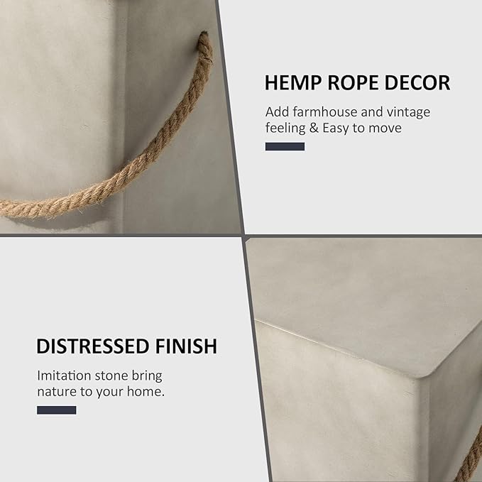 HOMPUS Outdoor Side Table Set of 2, 2 Pieces Patio Concrete Natural End Table w Hemp Rope Handle, Square Accent Table Set, Small Coffee MgO Table for Garden, Porch and Deck, Light Grey