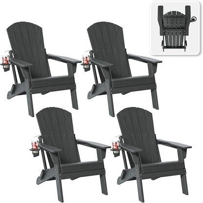 Folding Adirondack Chair Set of 4 with Cup Holder, HDPE All Weather Resistant Plastic Outdoor Patio Chairs, Heavy Duty Fire Pit Seating for Backyard Lawn Garden, Wooden Textured Design(Grey)
