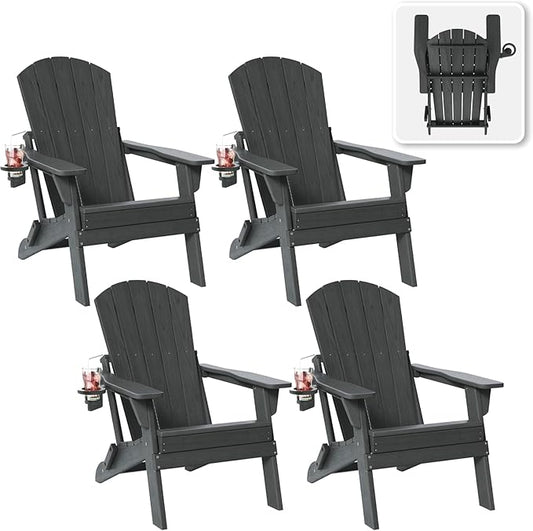Folding Adirondack Chair Set of 4 with Cup Holder, HDPE All Weather Resistant Plastic Outdoor Patio Chairs, Heavy Duty Fire Pit Seating for Backyard Lawn Garden, Wooden Textured Design(Grey)