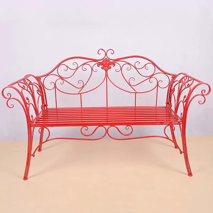 Elegant Red Metal Garden Bench with Exquisite Carvings - Outdoor Patio Furniture for Parks, Lawns & Yards - Stylish European Design, Durable & Weather-Resistant