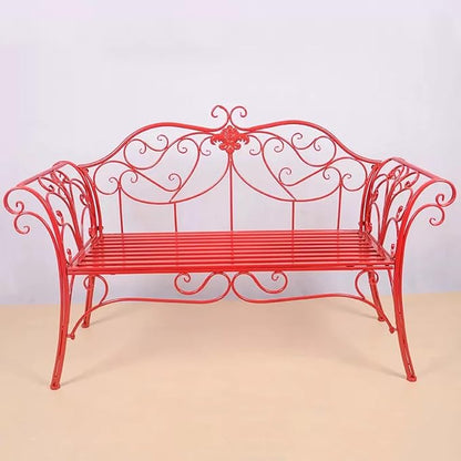 Elegant Red Metal Garden Bench with Exquisite Carvings - Outdoor Patio Furniture for Parks, Lawns & Yards - Stylish European Design, Durable & Weather-Resistant