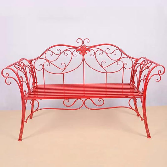 Elegant Red Metal Garden Bench with Exquisite Carvings - Outdoor Patio Furniture for Parks, Lawns & Yards - Stylish European Design, Durable & Weather-Resistant