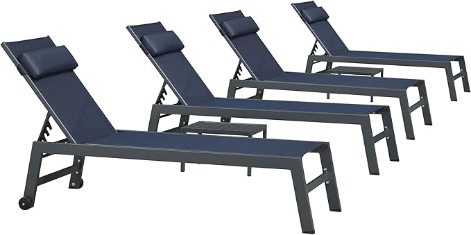 PURPLE LEAF Outdoor Lounge Chair Set Patio Chaise Pool Lounger Aluminum Frame with 2 Side Table and Wheels for Outside Sunbathing Tanning Recliner Including Pillows Navy Blue