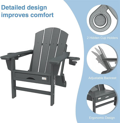 Mdeam 3-Level Adjustable Adirondack Chair with Retractable Ottoman, HDPE All-Weather Folding Fire Pit Chair with 2 Cup Holders, Outdoor Chair for Deck Patio Garden Backyard Lawn (Grey)