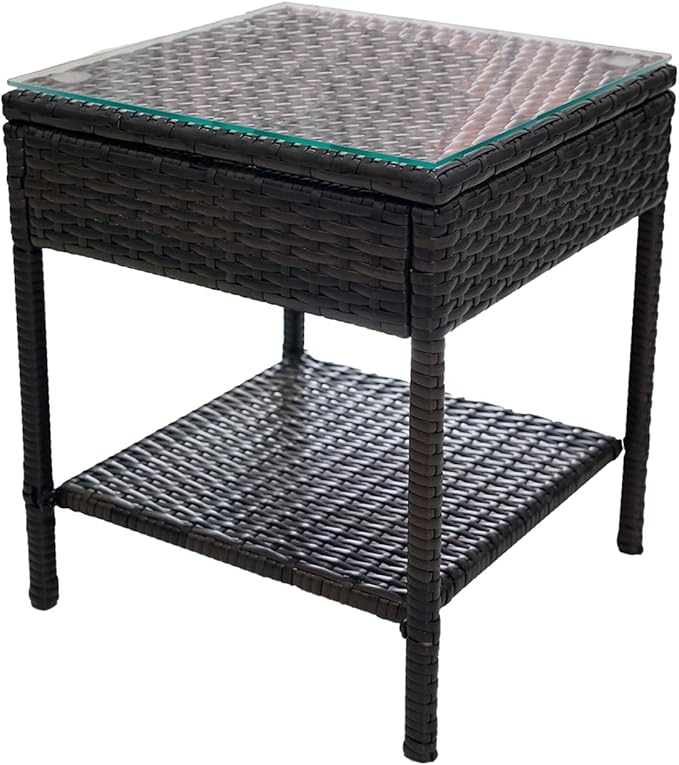 Outdoor Patio Wicker Table,Rattan Side Table,Modern Patio End Side Table with Glass Countertop and Storage Space,for Porch Garden Balcony