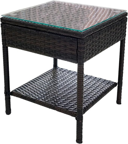 Outdoor Patio Wicker Table,Rattan Side Table,Modern Patio End Side Table with Glass Countertop and Storage Space,for Porch Garden Balcony