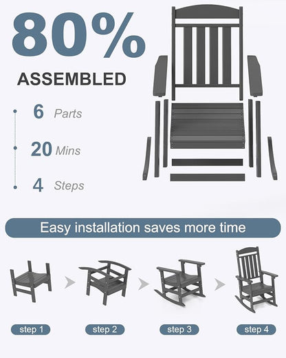 Outdoor Rocking Chairs Set of 4, Oversized High Back Patio Rocking Chairs, All Weather Porch Rocking Chairs for Outside. Dark Grey