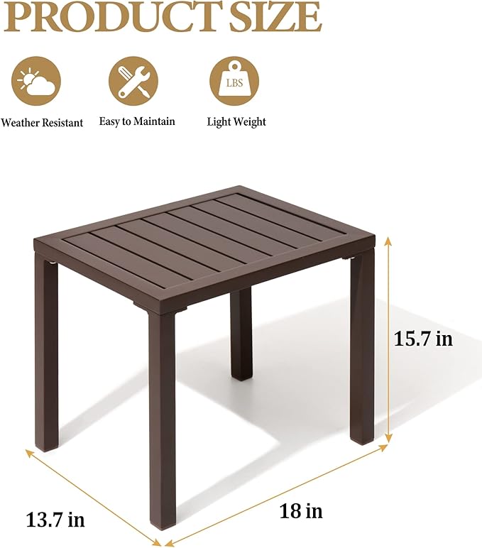 Crestlive Products Outdoor Side Table Set of 2, Aluminum Rectangular Side/End Table, Small Patio Coffee Bistro Table for Outdoor Indoor (Brown)