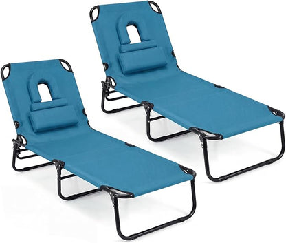 GYMAX Tanning Chair, Folding Lounge Chairs with Face Hole & Cover, Removable Pillow Carry Handle, Portable Compact Outdoor Layout Recliner for Beach, Poolside, Lawn, Patio, Camping (Blue,2)