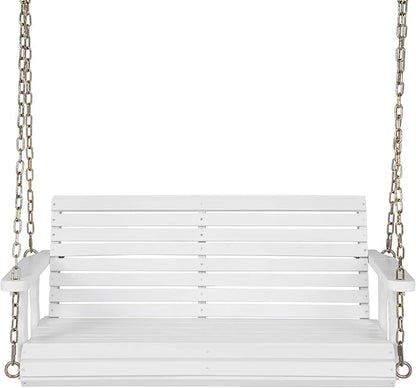Giantex Wooden Porch Swing 2 Seat - Outdoor Swinging Chairs with Hanging Chains, 600 lbs Weight Capacity, 4 FT Finished Fir Wood Bench Swing for Patio, Outside, Garden, Lawn, Backyard (White)