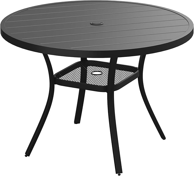 Patio Dining Table for 4, Round Metal Outdoor Table with Storage Shelf, 1.57" Umbrella Hole, 41" Outdoor Slat Tabletop Dining Table for Backyard, Porch, Lawn, Black