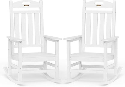 Oversized Rocking Chairs Outdoor Set of 2, High Back Porch Rocker Chair, HDPE All Weather Resistant Rocking Chairs for Patio, 380lbs Weight Capacity, White
